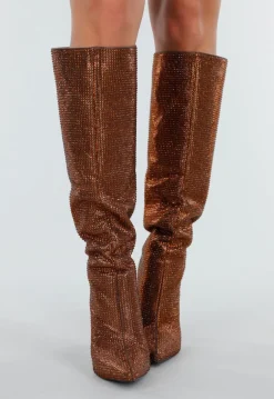 Bronzen Kniehoge Laarzen met All Over Strass en Hoge Naaldhak