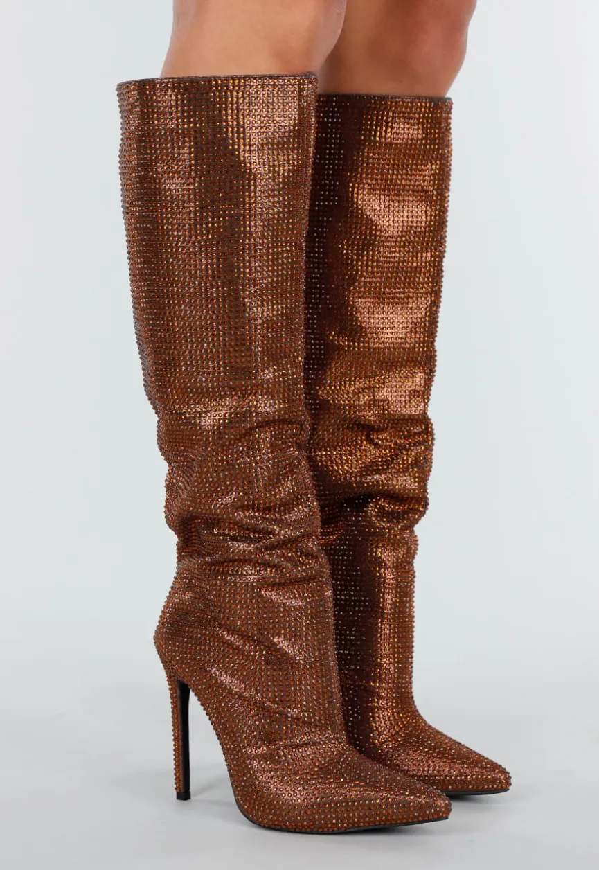 Bronzen Kniehoge Laarzen met All Over Strass en Hoge Naaldhak