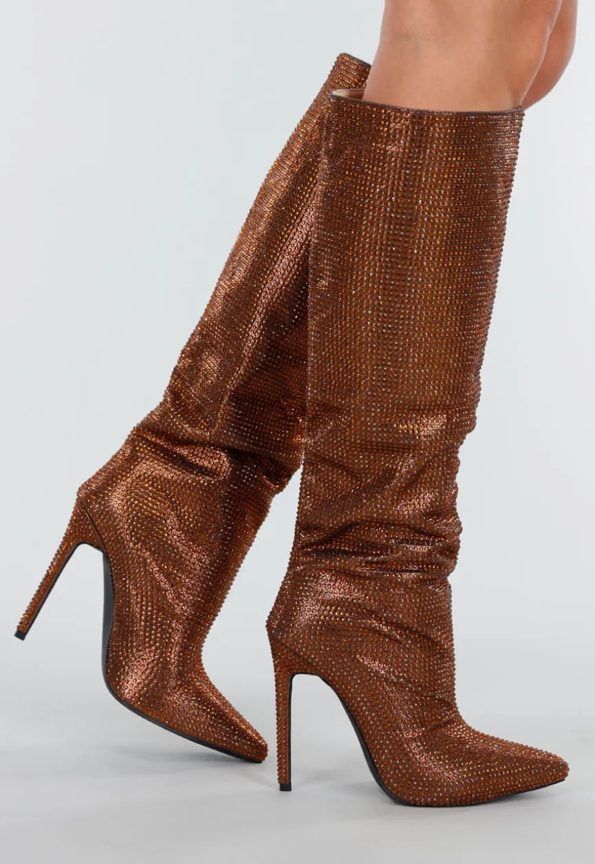 Bronzen Kniehoge Laarzen met All Over Strass en Hoge Naaldhak