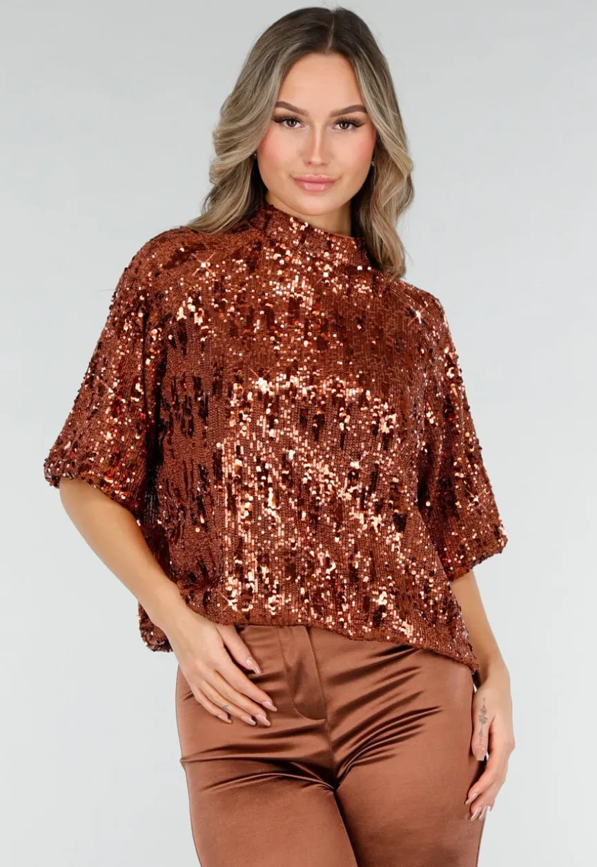 Bronzen Pailletten Top met Korte Mouwen