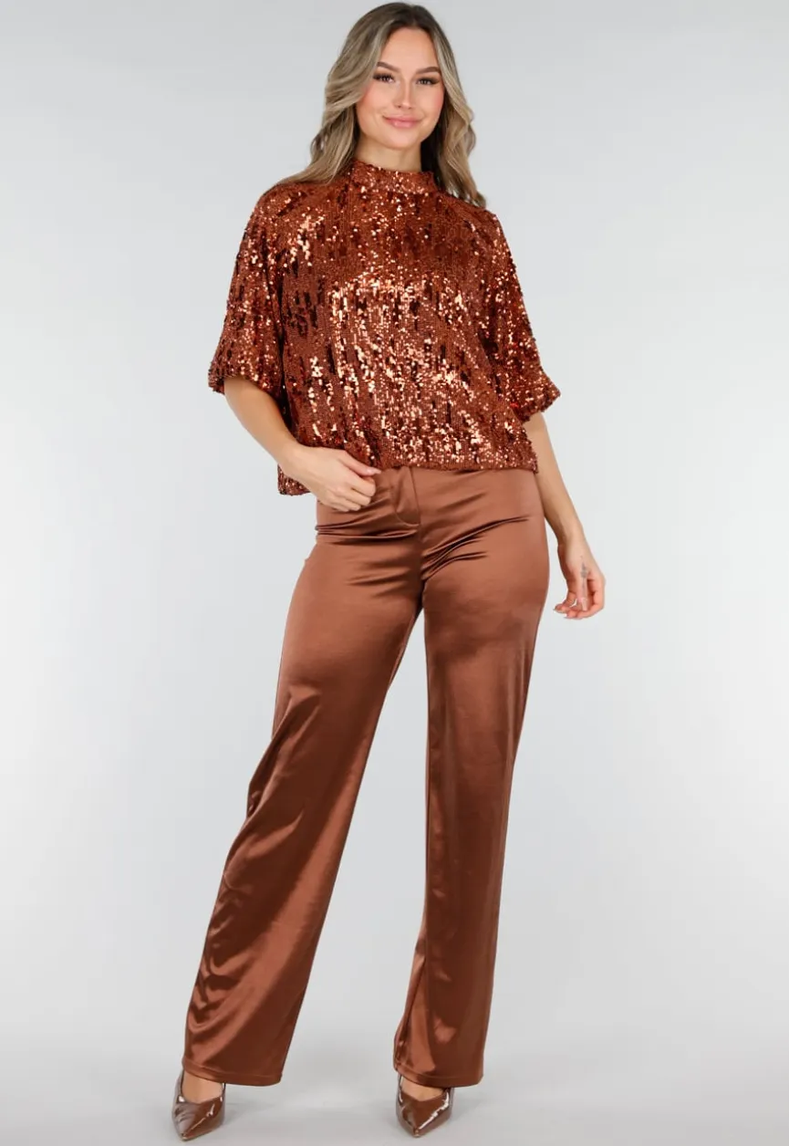 Bronzen Pailletten Top met Korte Mouwen