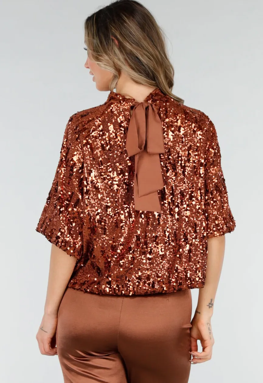 Bronzen Pailletten Top met Korte Mouwen