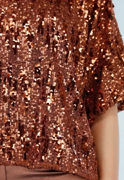 Bronzen Pailletten Top met Korte Mouwen