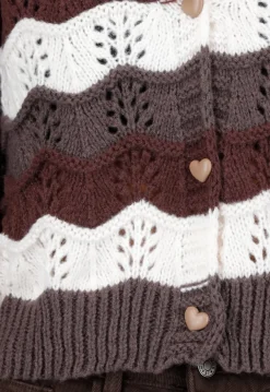 Bruin-Beige Gebreid Vest met Golvende Strepen en Hartvormige Knopen