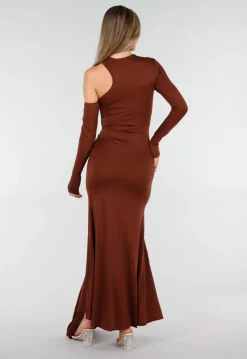 Bruine Asymmetrische Maxi Jurk met Cut Out en Draping