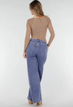 Bruine Asymmetrische Mesh Top met Lange Mouwen en Pads