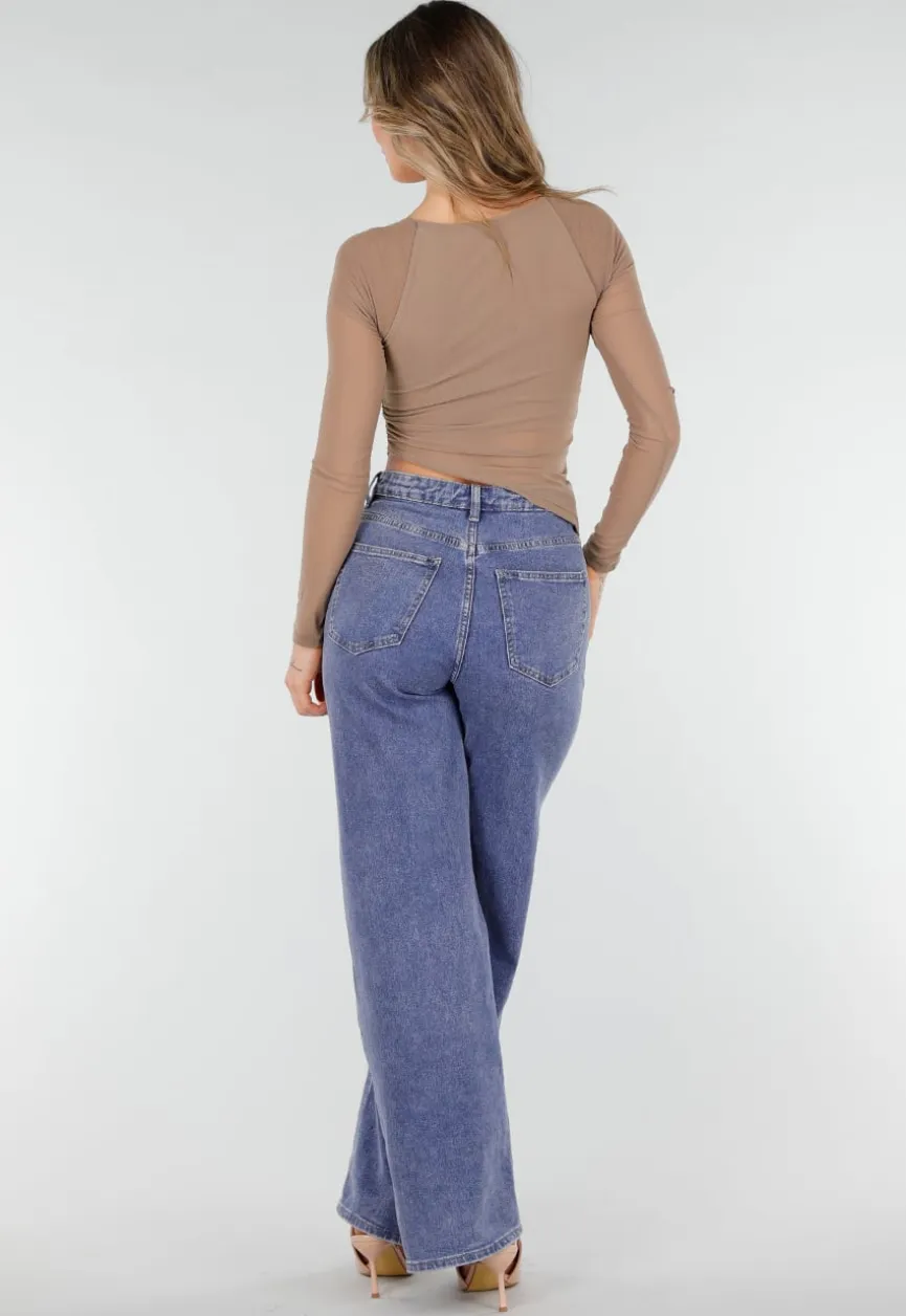 Bruine Asymmetrische Mesh Top met Lange Mouwen en Pads