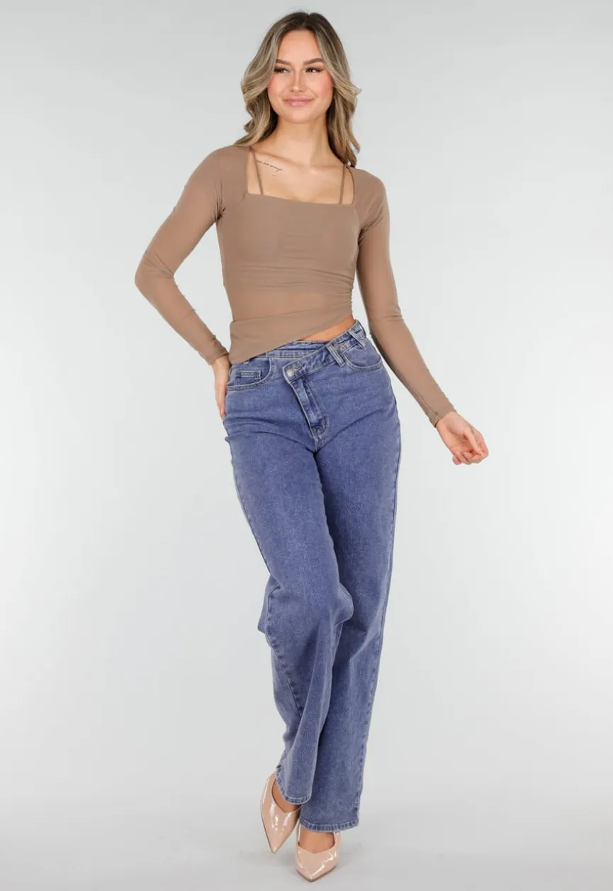 Bruine Asymmetrische Mesh Top met Lange Mouwen en Pads