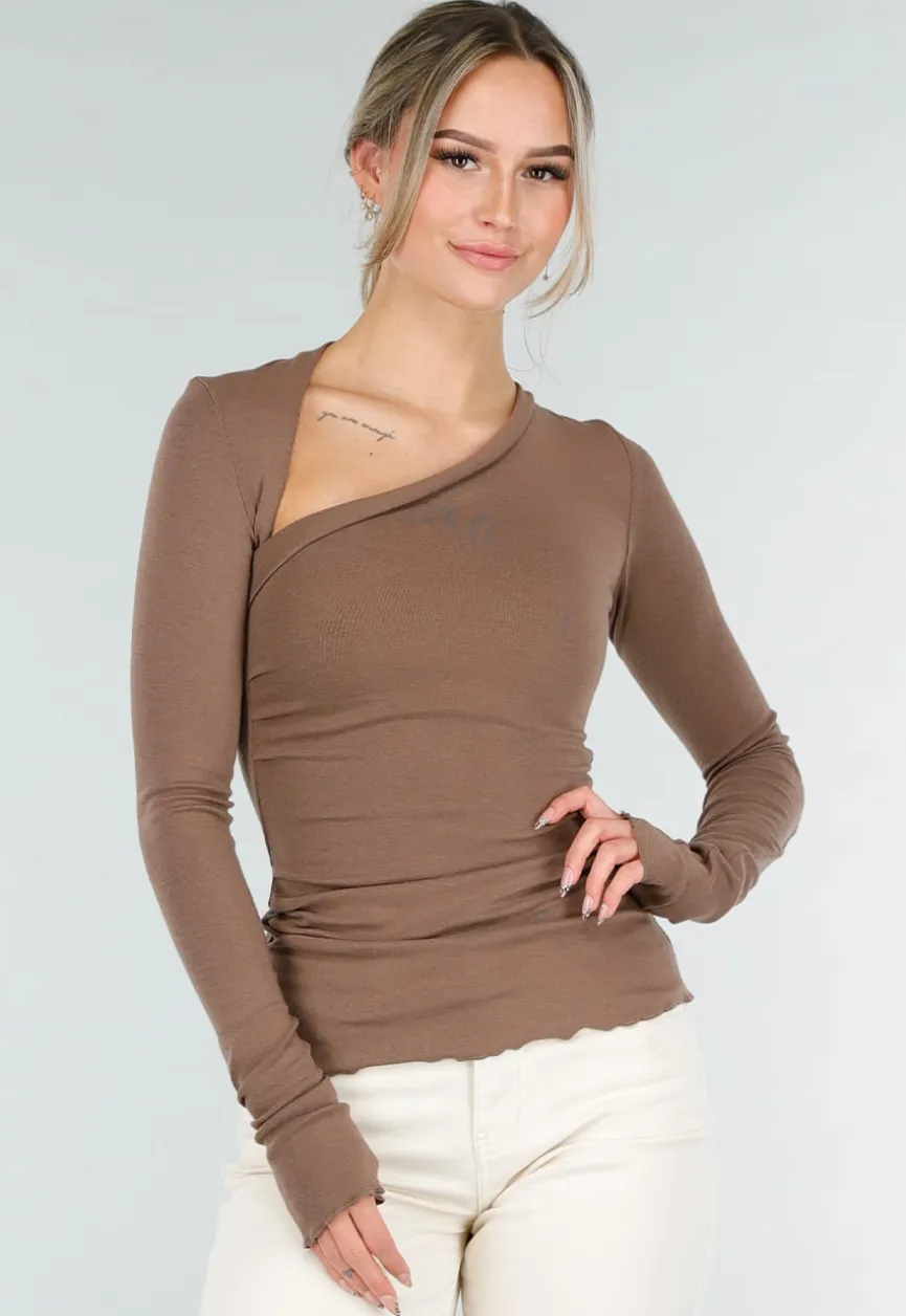 Bruine Asymmetrische Stretch Top met Lange Mouwen en Rimpeldetail