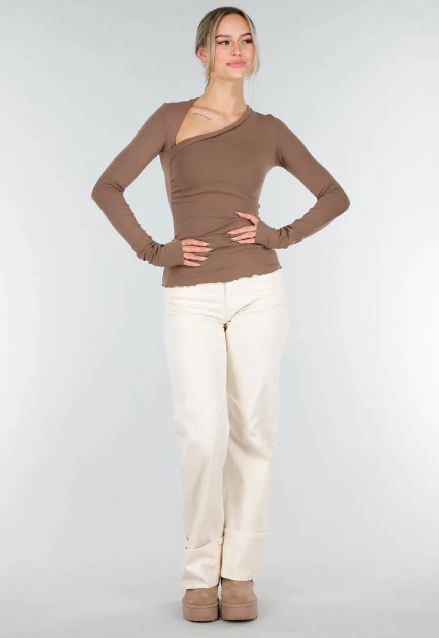 Bruine Asymmetrische Stretch Top met Lange Mouwen en Rimpeldetail