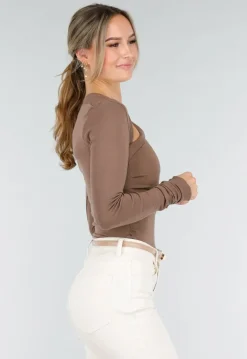 Bruine Asymmetrische Stretch Top met Lange Mouwen en Rimpeldetail