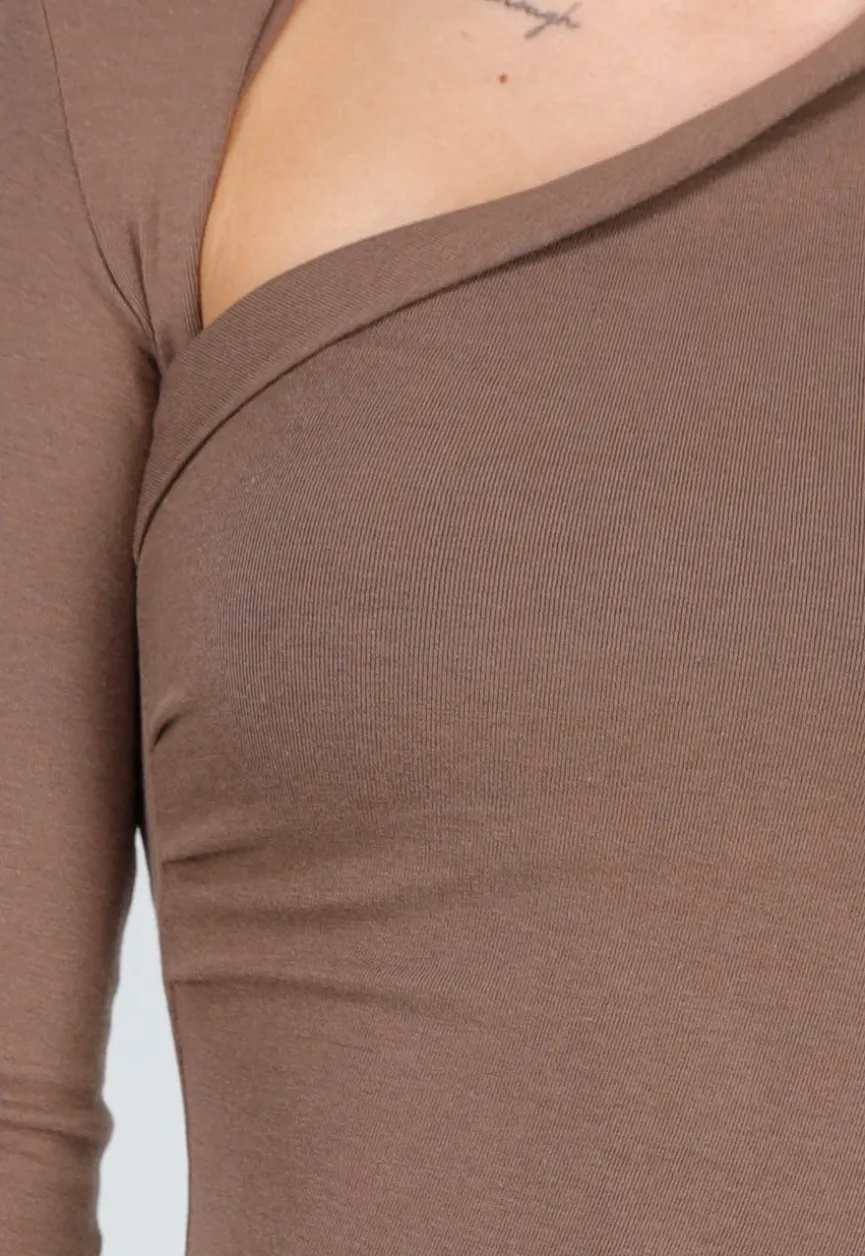 Bruine Asymmetrische Stretch Top met Lange Mouwen en Rimpeldetail