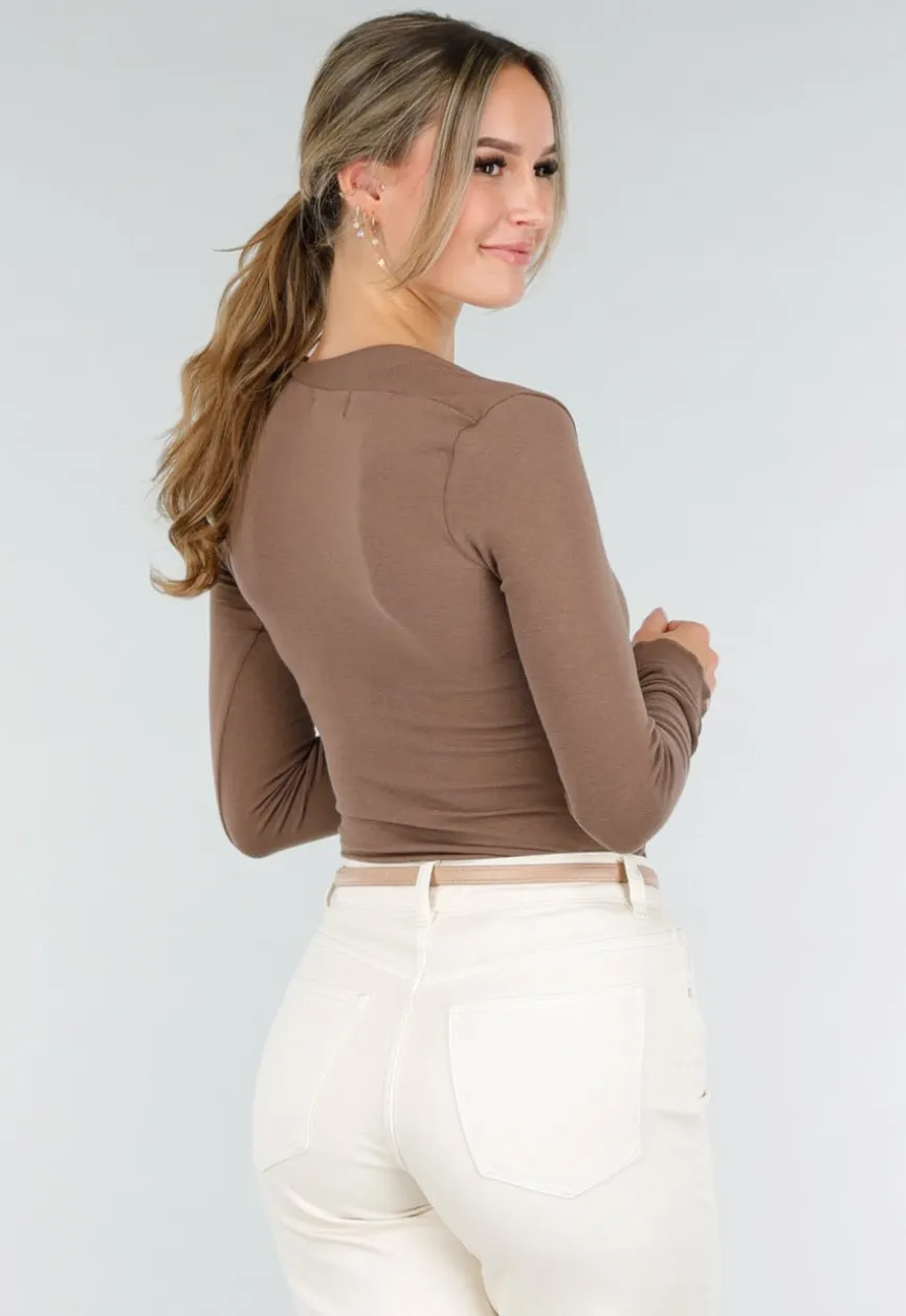 Bruine Asymmetrische Stretch Top met Lange Mouwen en Rimpeldetail