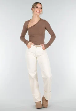 Bruine Asymmetrische Stretch Top met Lange Mouwen en Rimpeldetail