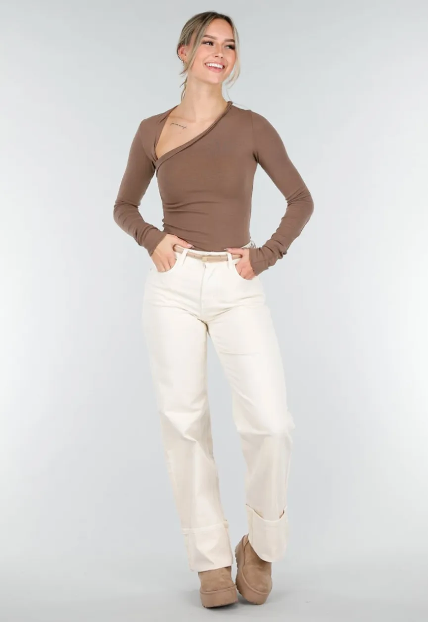 Bruine Asymmetrische Stretch Top met Lange Mouwen en Rimpeldetail