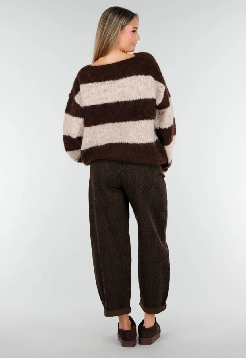 Bruine Barrel Jeans met Subtiele Animalprint en Omgeslagen Zoom