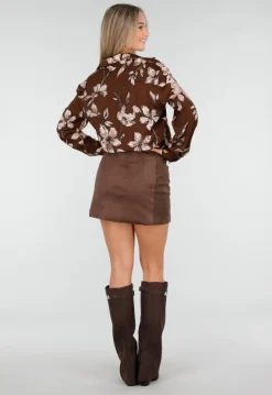 Bruine Blouse met Bloemenprint en Lange Mouwen