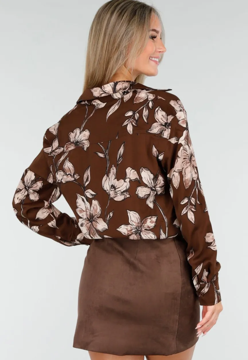 Bruine Blouse met Bloemenprint en Lange Mouwen