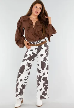 Bruine Blouse met Volants en Losvallende Ballonmouwen