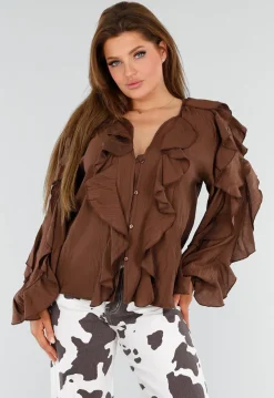 Bruine Blouse met Volants en Losvallende Ballonmouwen