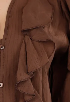 Bruine Blouse met Volants en Losvallende Ballonmouwen