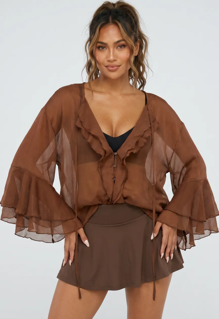 Bruine Chiffon Blouse met Ruches en Knoopsluiting