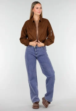 Bruine Cropped Bomberjas met Zilverkleurige Rits en Utility-Zak op de Mouw