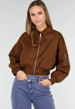 Bruine Cropped Bomberjas met Zilverkleurige Rits en Utility-Zak op de Mouw
