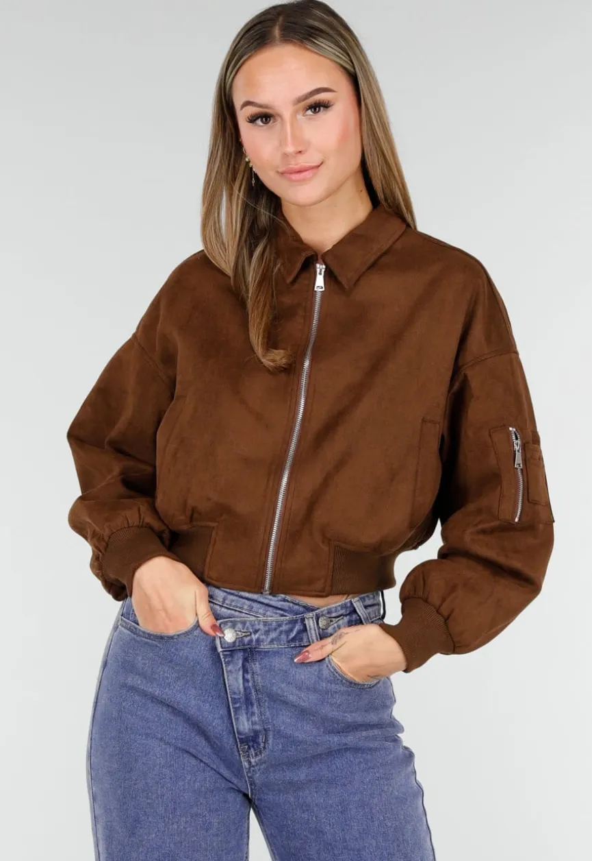 Bruine Cropped Bomberjas met Zilverkleurige Rits en Utility-Zak op de Mouw