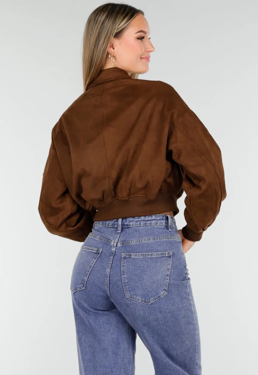Bruine Cropped Bomberjas met Zilverkleurige Rits en Utility-Zak op de Mouw