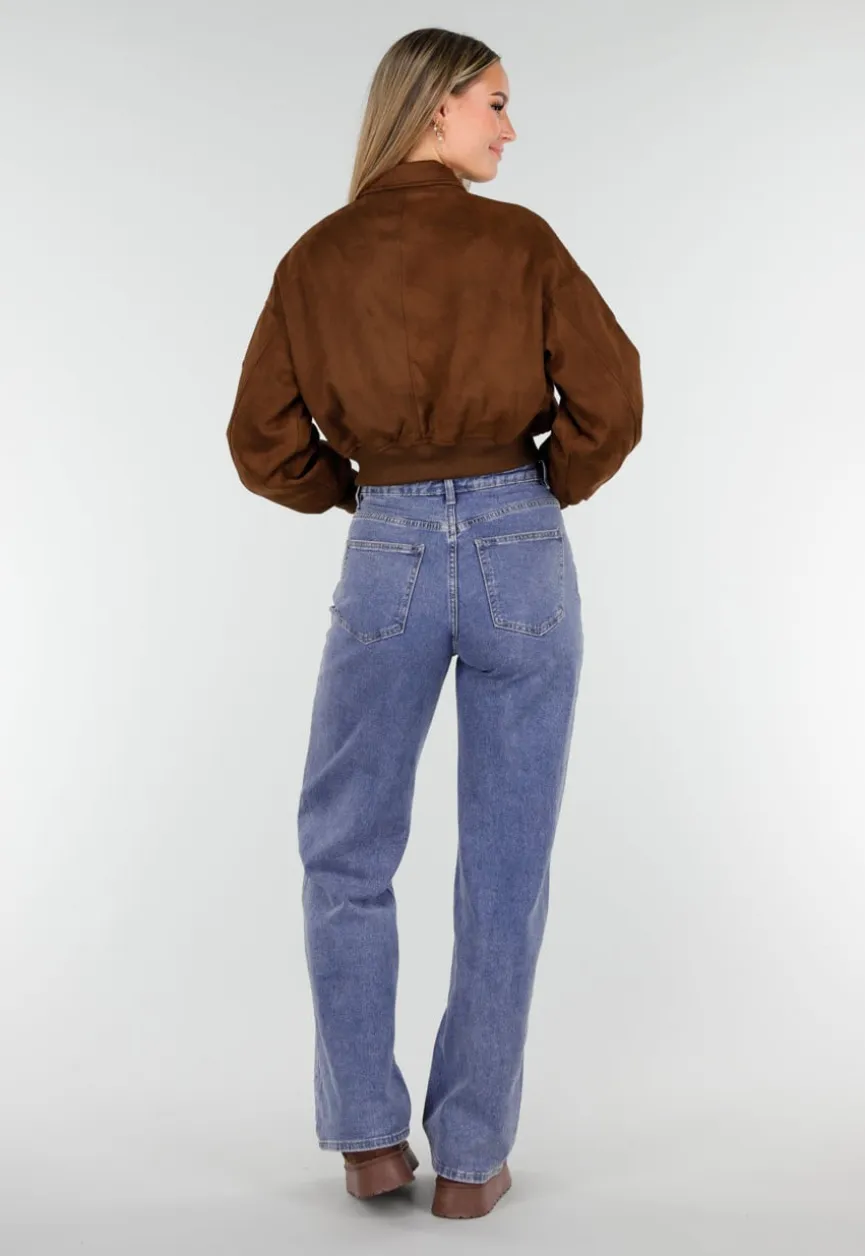 Bruine Cropped Bomberjas met Zilverkleurige Rits en Utility-Zak op de Mouw