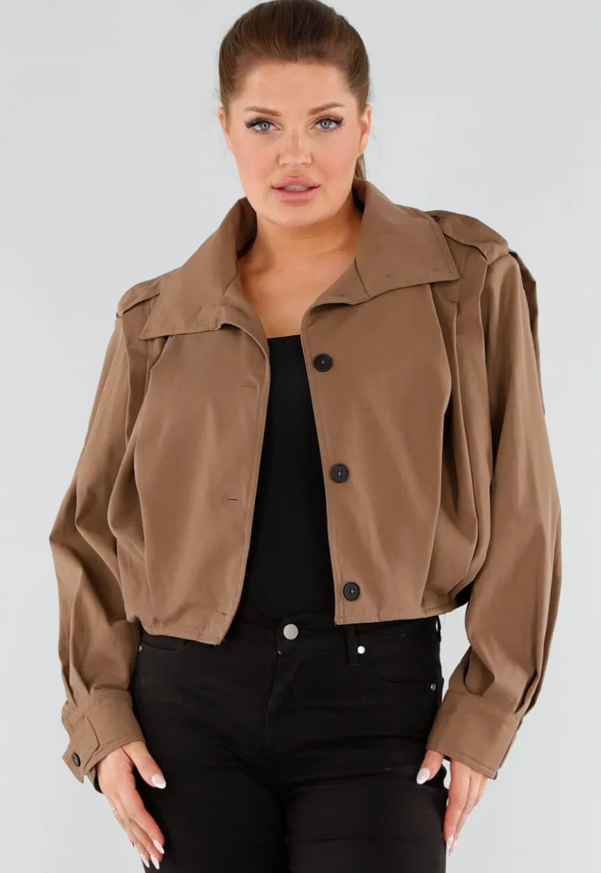 Bruine Cropped Trenchcoat met Knoopsluiting en Brede Kraag
