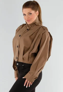 Bruine Cropped Trenchcoat met Knoopsluiting en Brede Kraag