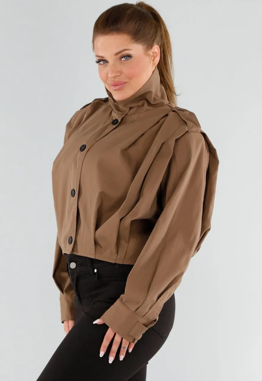 Bruine Cropped Trenchcoat met Knoopsluiting en Brede Kraag