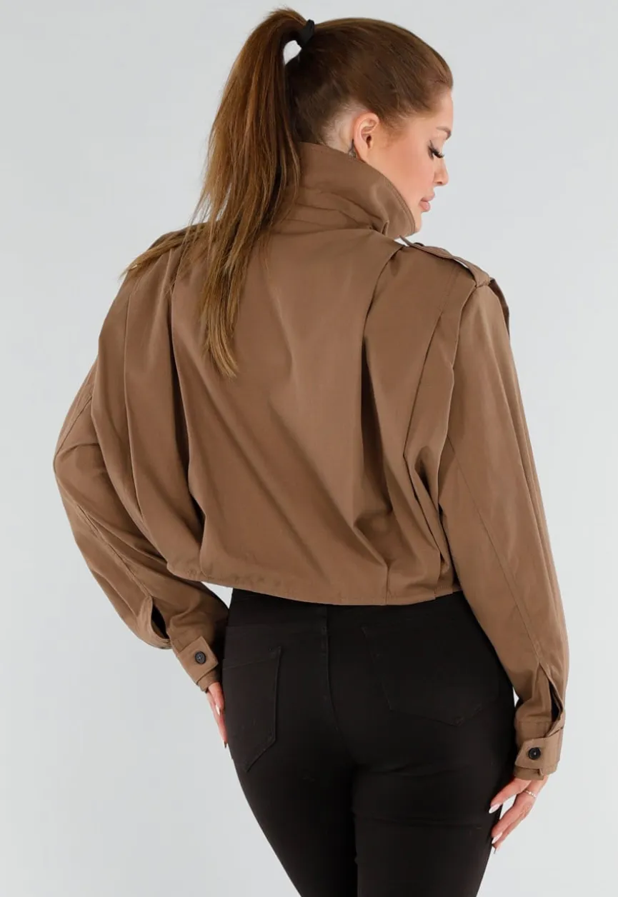 Bruine Cropped Trenchcoat met Knoopsluiting en Brede Kraag