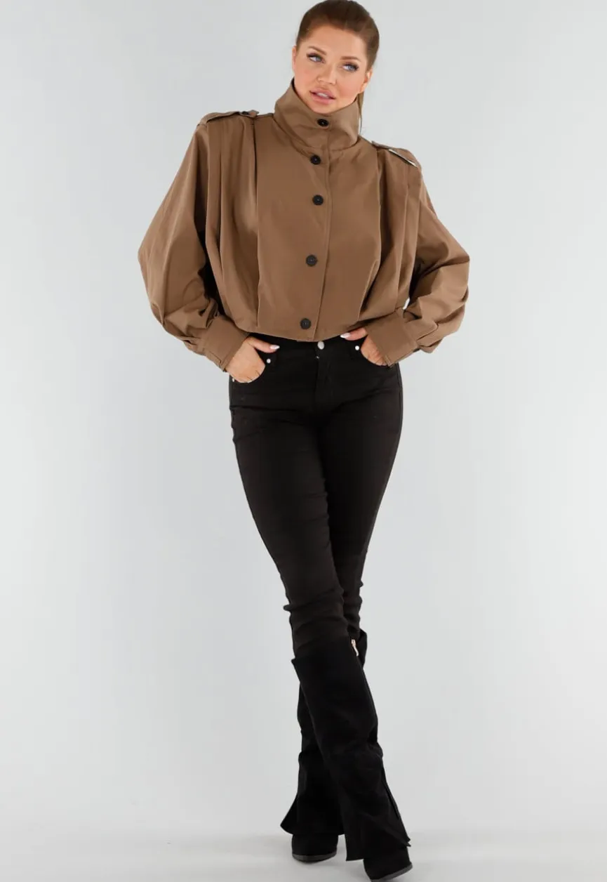 Bruine Cropped Trenchcoat met Knoopsluiting en Brede Kraag