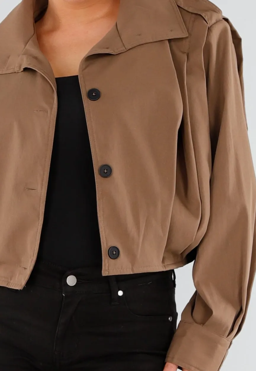 Bruine Cropped Trenchcoat met Knoopsluiting en Brede Kraag