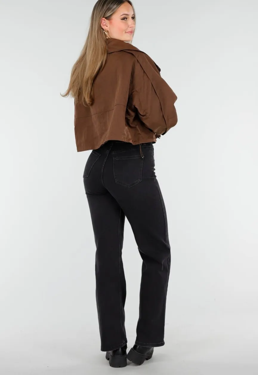 Bruine Cropped Windbreaker Jas met Brede Kraag