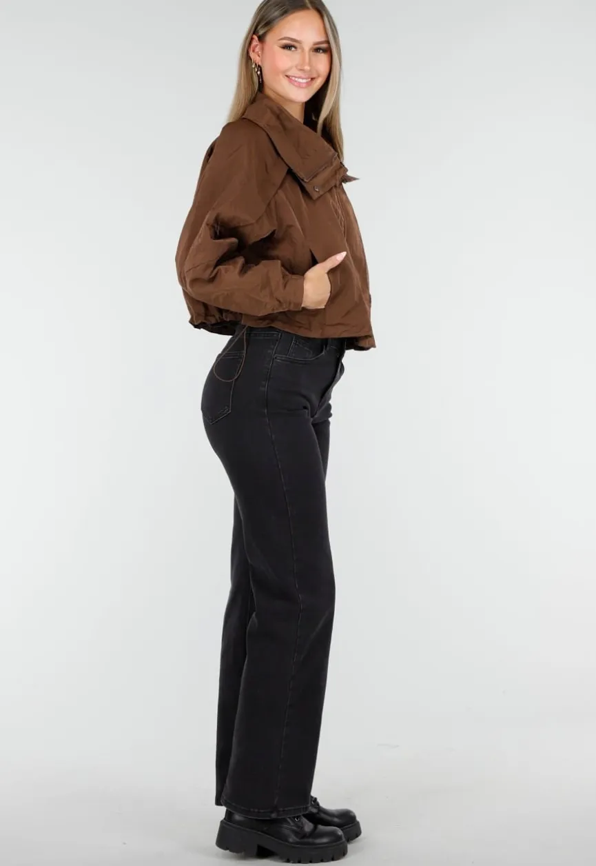 Bruine Cropped Windbreaker Jas met Brede Kraag