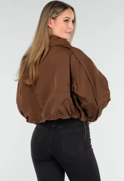 Bruine Cropped Windbreaker Jas met Brede Kraag