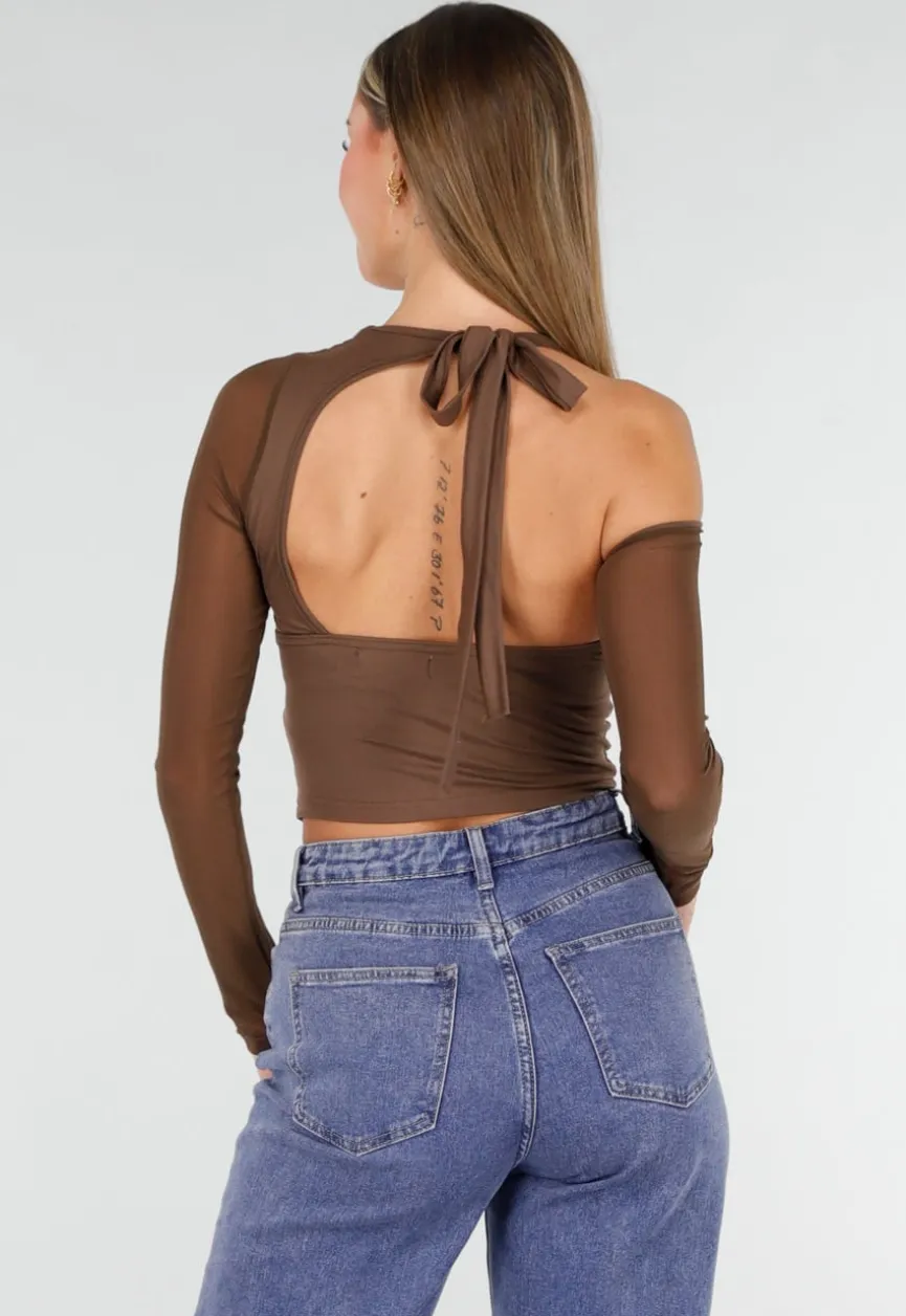 Bruine Crop Top met Gedraaide Voorzijde
