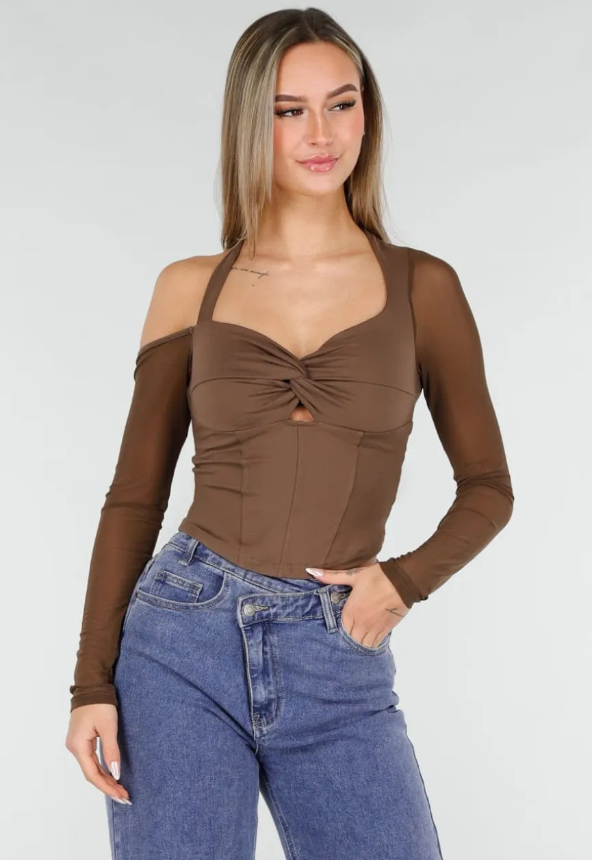 Bruine Crop Top met Gedraaide Voorzijde