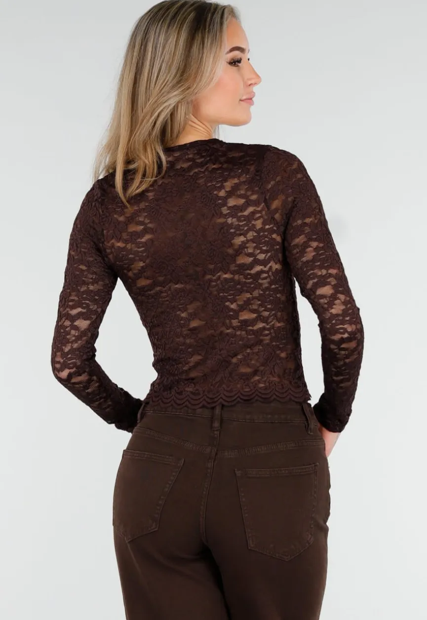 Bruine Crop Top met Kant en Lange Mouwen