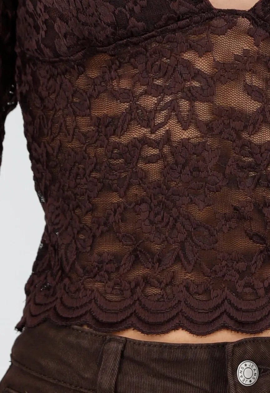 Bruine Crop Top met Kant en Lange Mouwen