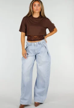 Bruine Crop Top met Kanten Taille en Korte Mouwen