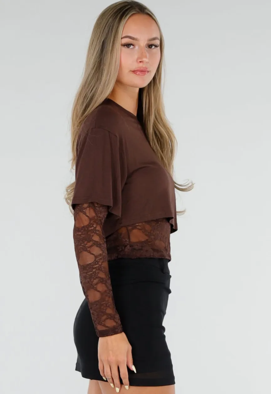 Bruine Crop Top met Lange Kanten Mouwen en Kanten Taille
