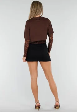 Bruine Crop Top met Lange Kanten Mouwen en Kanten Taille