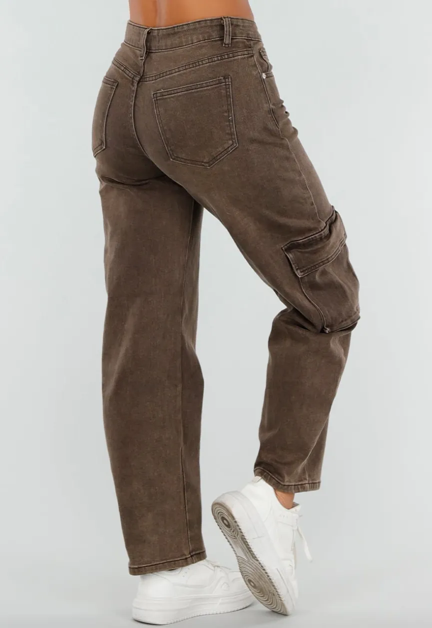 Bruine Denim Cargo Barrel Jeans met Zijzakken