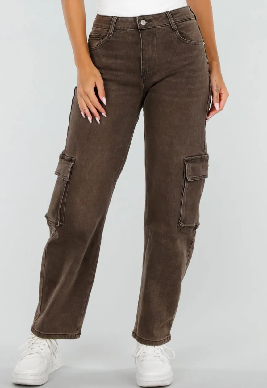 Bruine Denim Cargo Barrel Jeans met Zijzakken