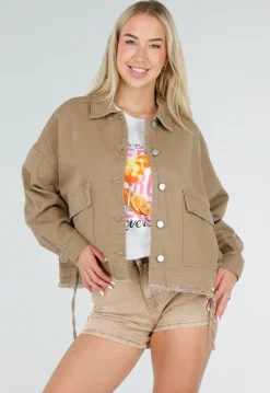Bruine Denim Jas met Klepzakken, Trekkoord en Knoopsluiting
